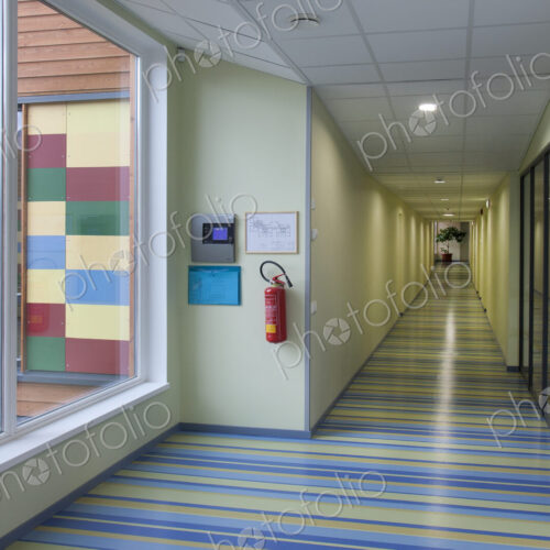 Colorful School Hallway, with a striped floor