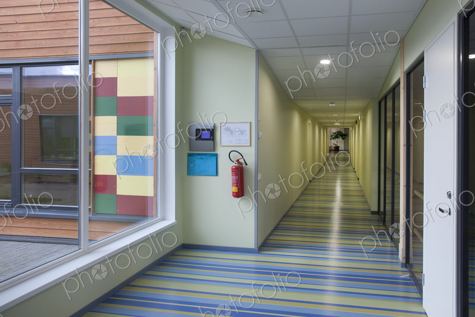 Colorful School Hallway, with a striped floor