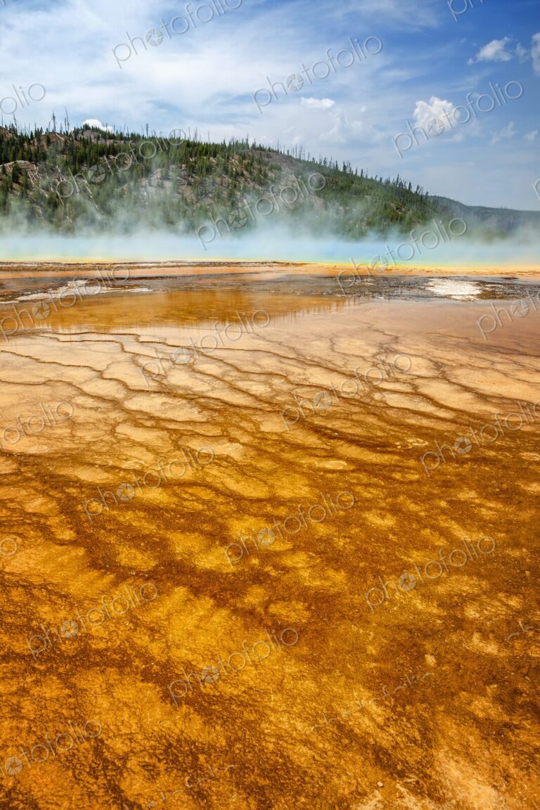 Colorful bacteria mat surrounding Grand Prismatic Spring, Midway Geyser Basin,…