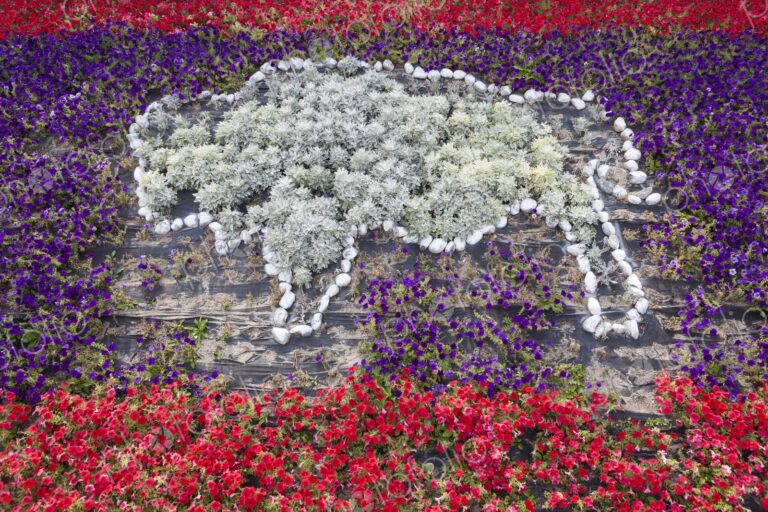 Colorful floral display in Greybull, Wyoming, featuring a bison silhouette created…