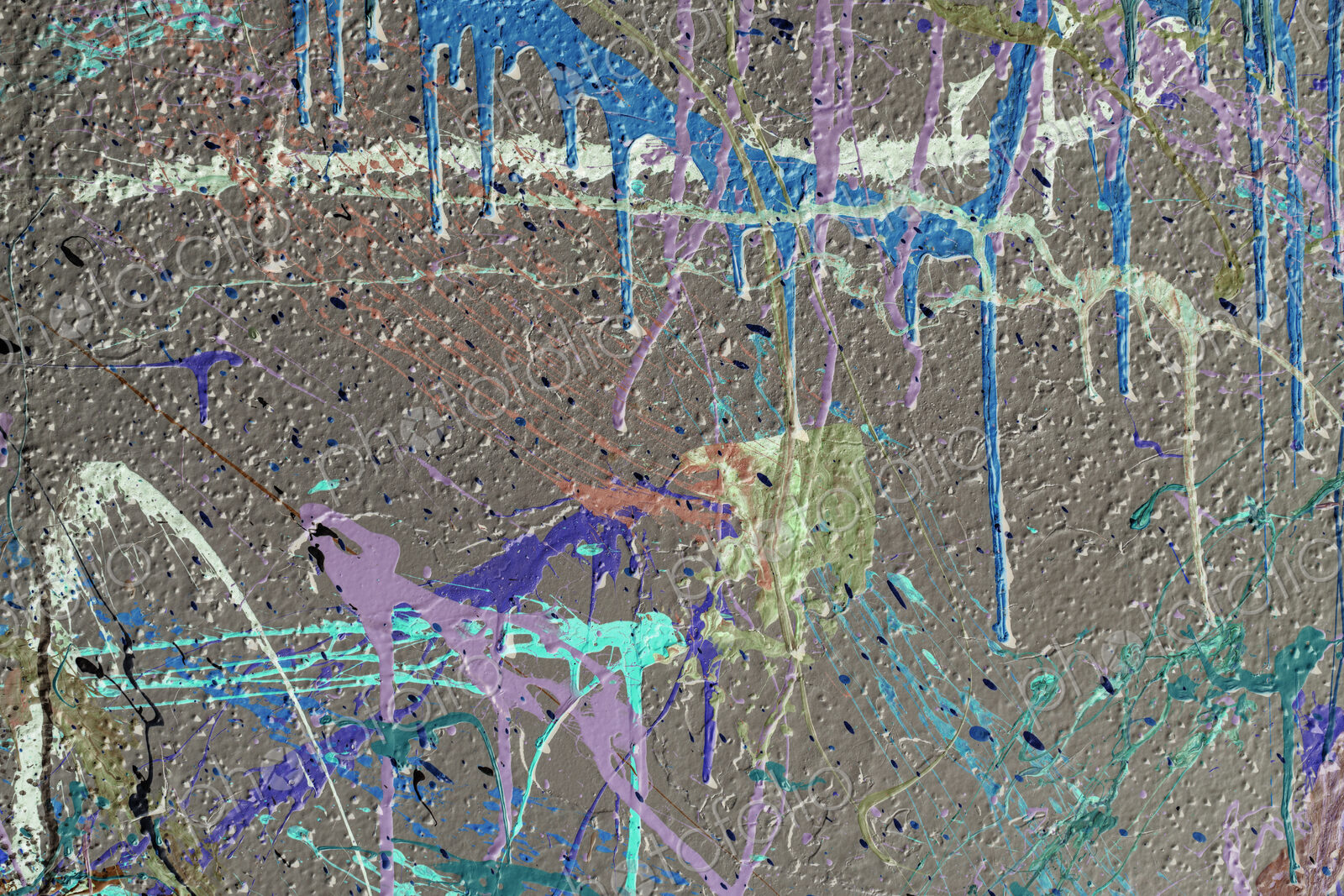 Colorful graffiti paint splattered and dripping on urban wall, close up