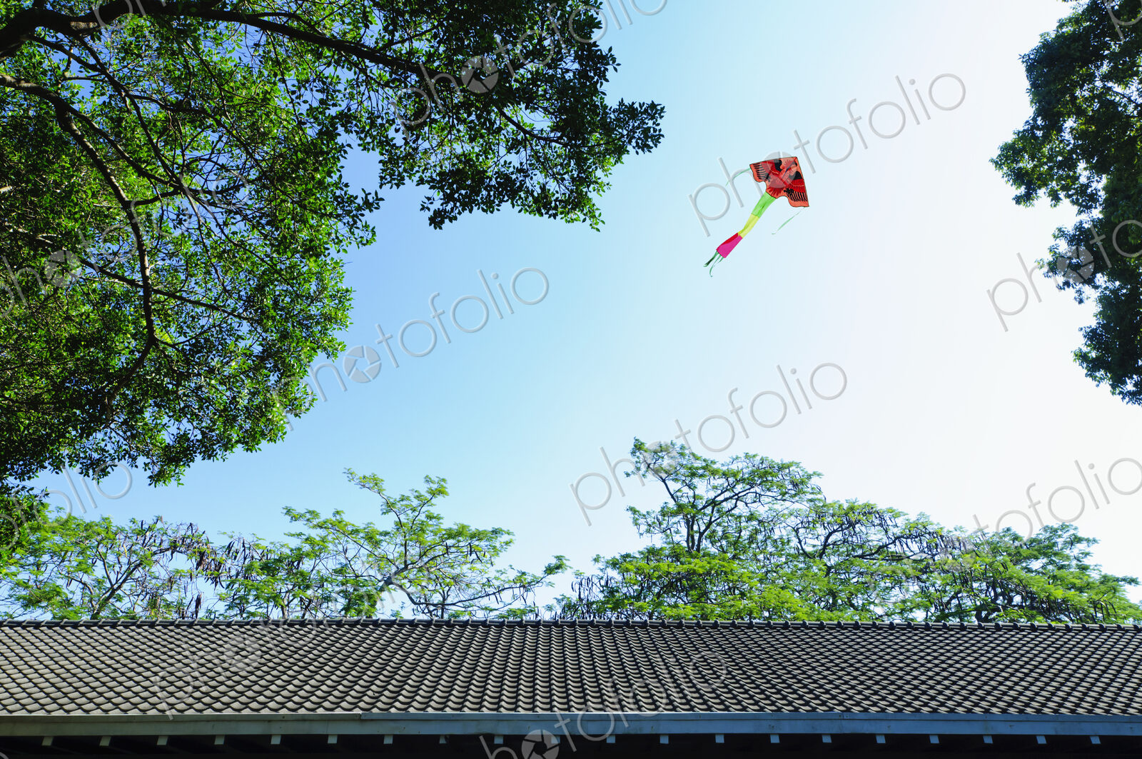 Colorful kite flying over traditional Chinese roof.