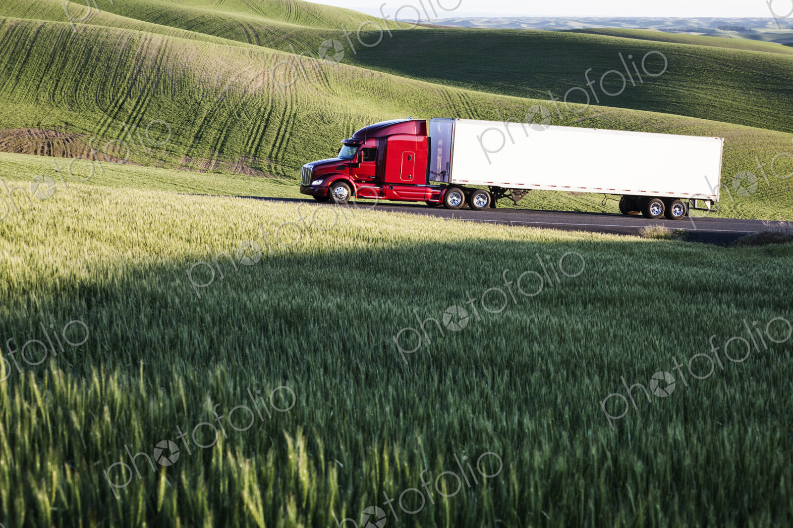 Commercial truck driving though wheat fields of eastern Washington, USA at sunset.