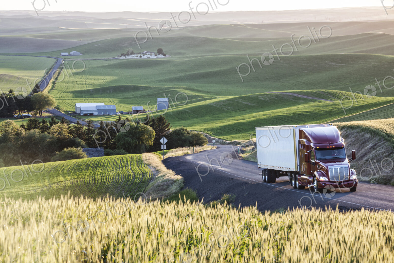 Commercial truck driving though wheat fields of eastern Washington, USA at sunset.