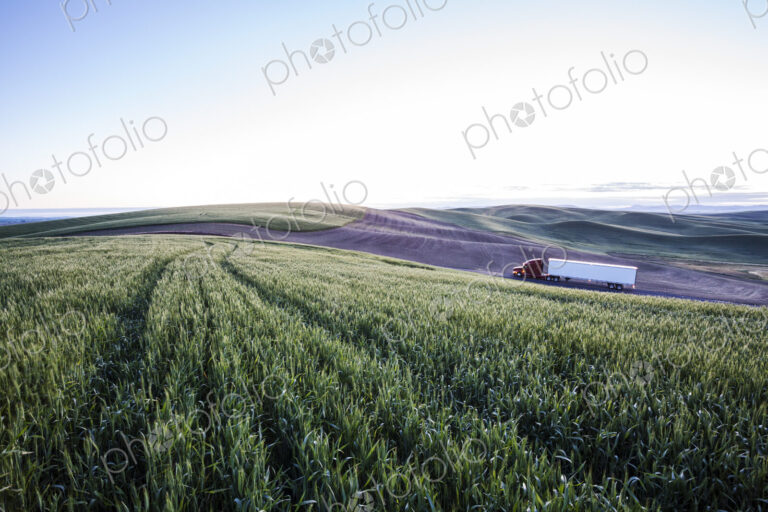 Commercial truck driving though wheat fields of eastern Washington, USA at sunset.
