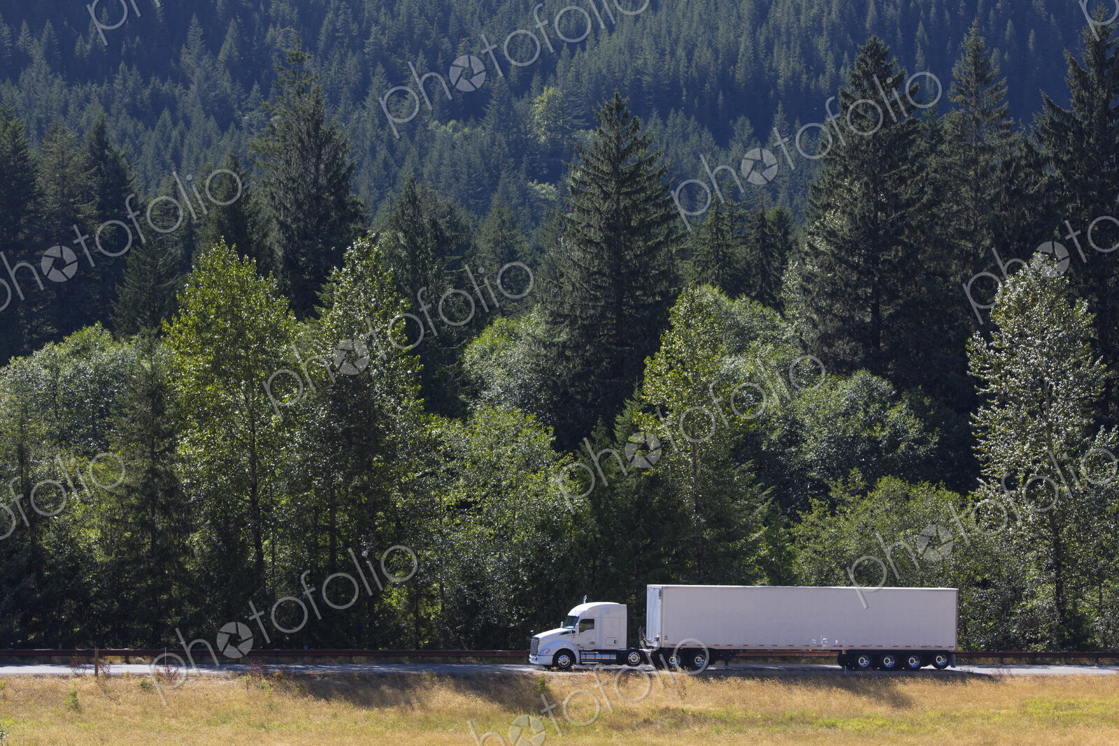 Commercial truck on a highway in the mountains east of Seattle, Washington USA