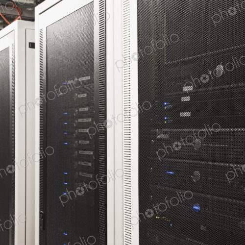 Computer servers in cabinets.
