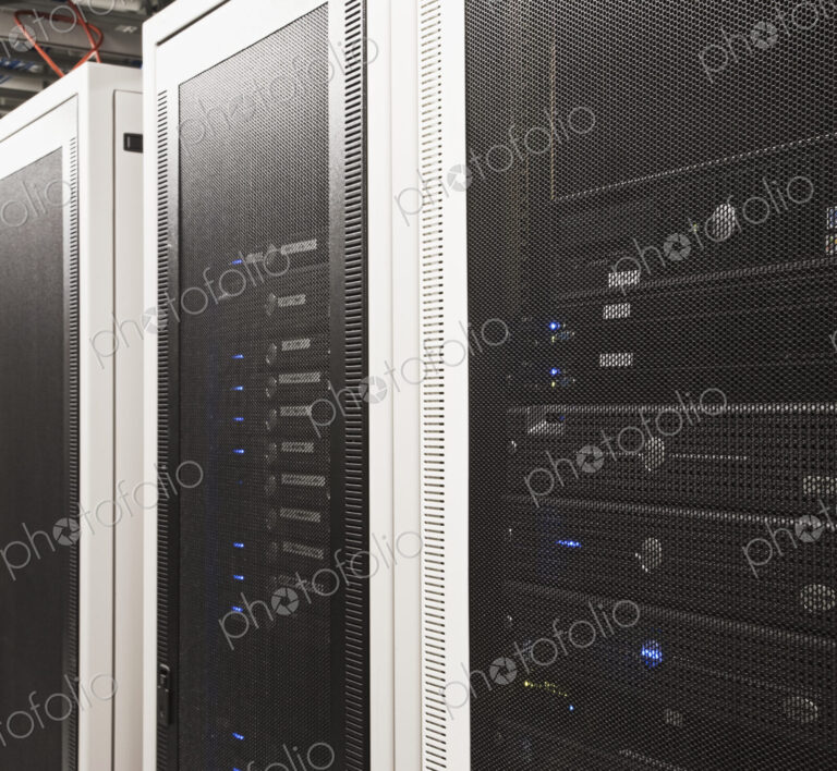 Computer servers in cabinets.