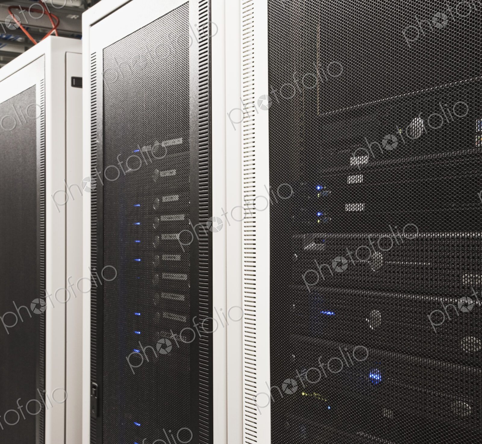 Computer servers in cabinets.