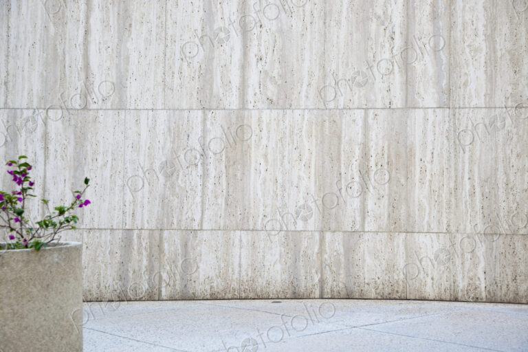Concrete Planter With Flowers in Front of Marble Wall