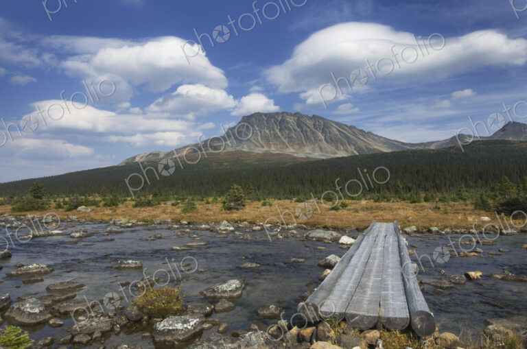 Concrete footbridge over river in remote landscape