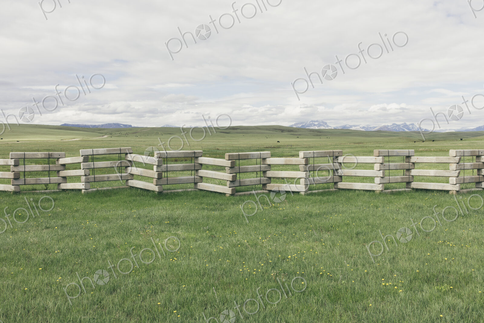 Concrete snow barrier and fencing across verdant mountain meadow