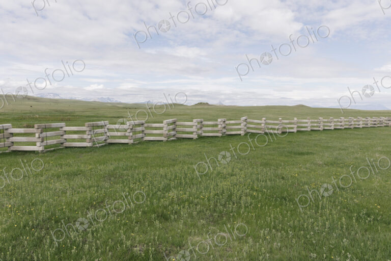 Concrete snow barrier, angled fencing across a verdant mountain meadow.