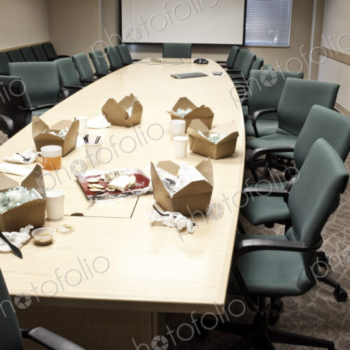 Conference room table with take out lunches