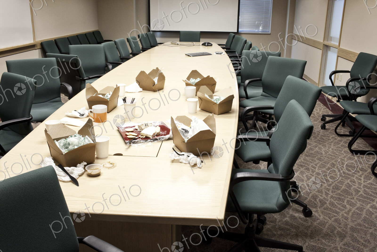Conference room table with take out lunches