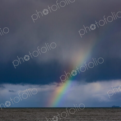Container ship and Rainbow over water with dark storm clouds on the Strait of Juan de…