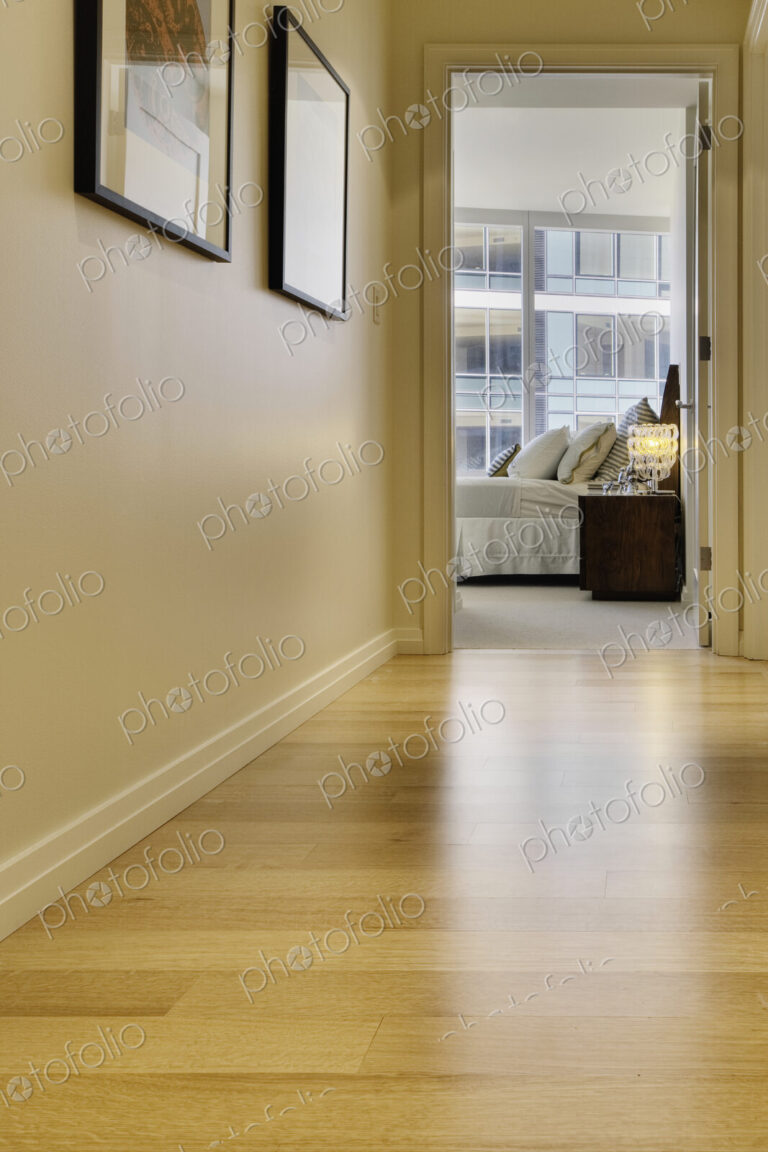 Corridor leading to bedroom in luxury highrise apartment