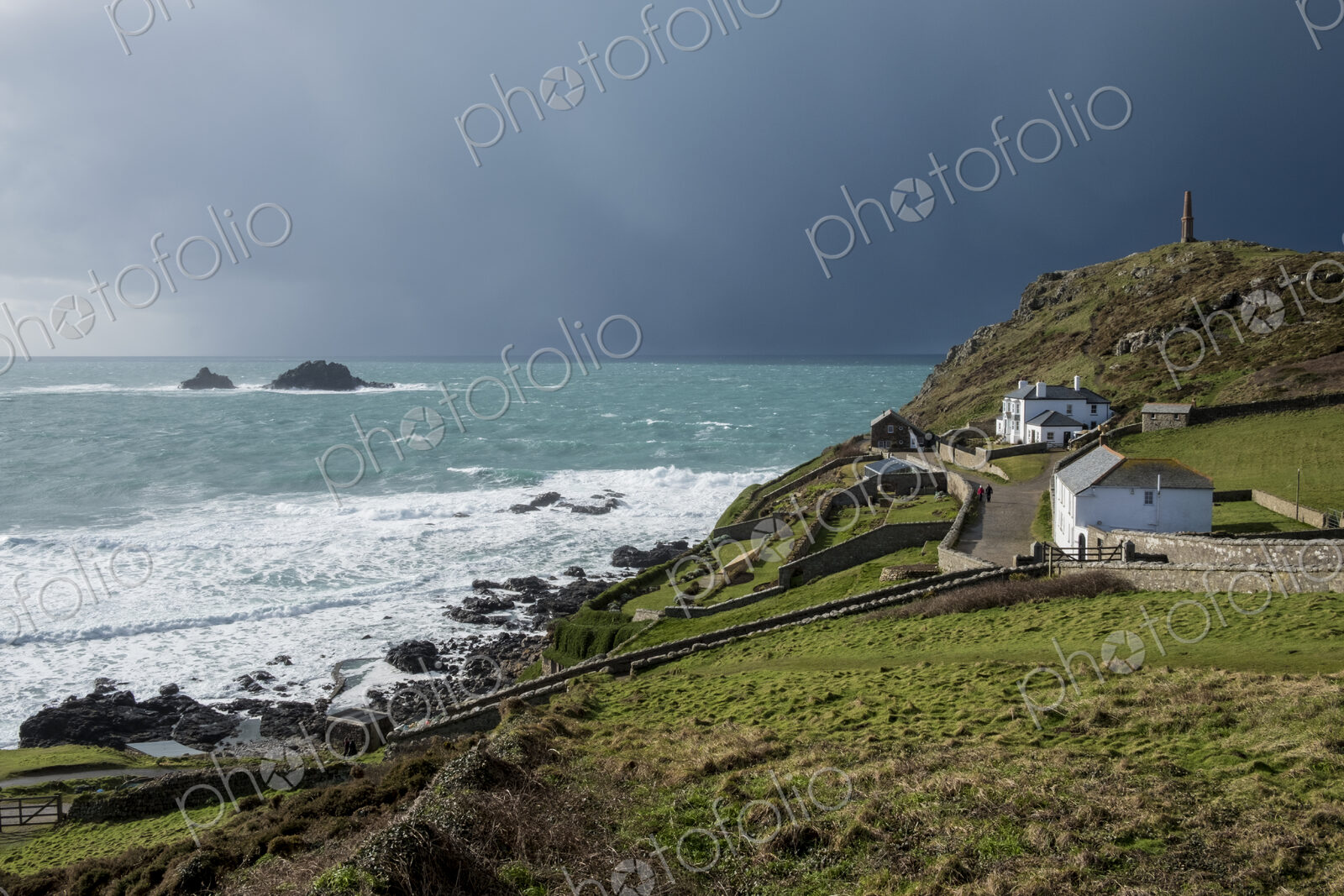Cot Valley, St Just, West Cornwall coastline. View of cottages overlooking the coast…