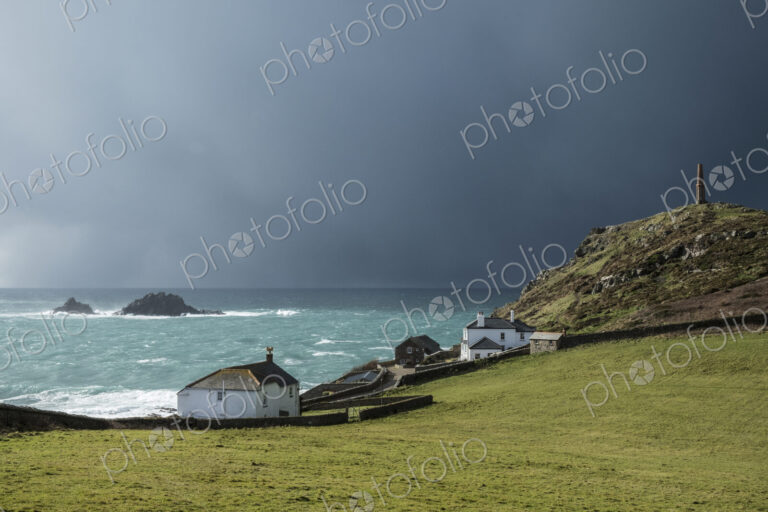 Cot Valley, St Just, West Cornwall coastline. View of cottages overlooking the coast…