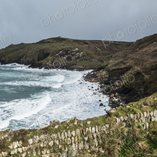 Cot Valley, St Just. View down from the cliff path over the bay and waves crashing… Cot Valley, St Just. View down from the cliff path over the bay and waves crashing…