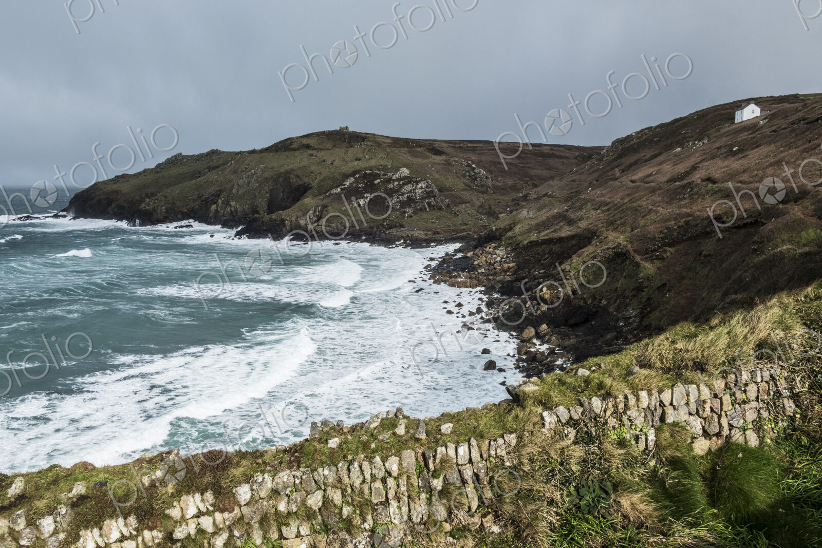 Cot Valley, St Just. View down from the cliff path over the bay and waves crashing…