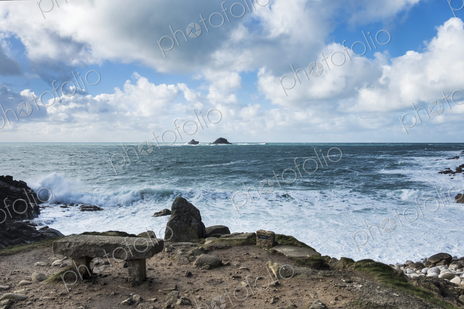 Cot Valley and coastline at Porth Nanven Cove and the Brisons Rocks offshore on the…