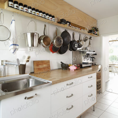 Counter space and cooking utensils in modern kitchen