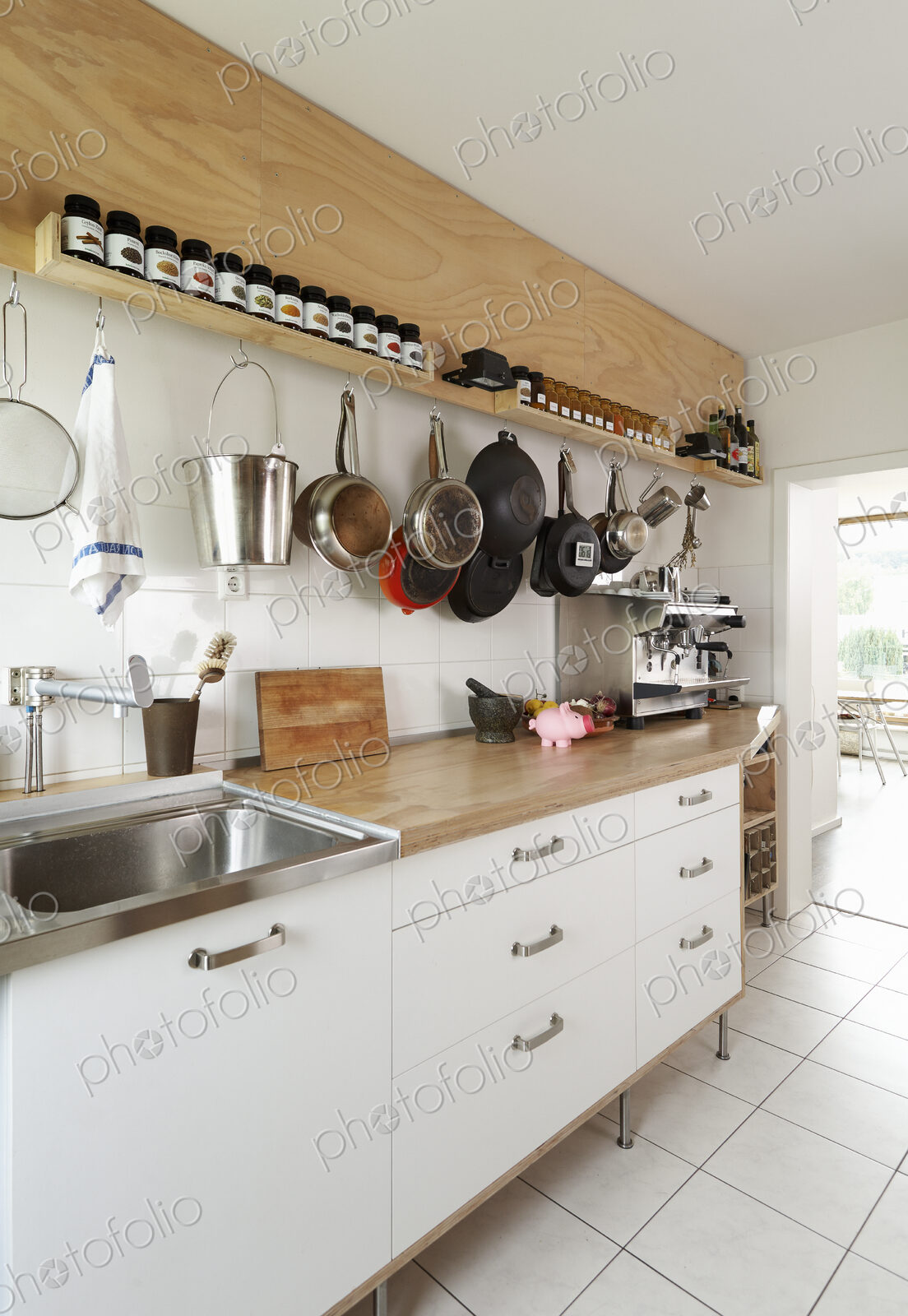 Counter space and cooking utensils in modern kitchen