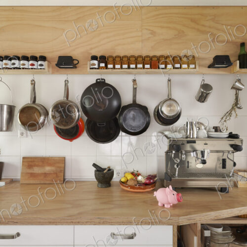 Counter space and cooking utensils in modern kitchen