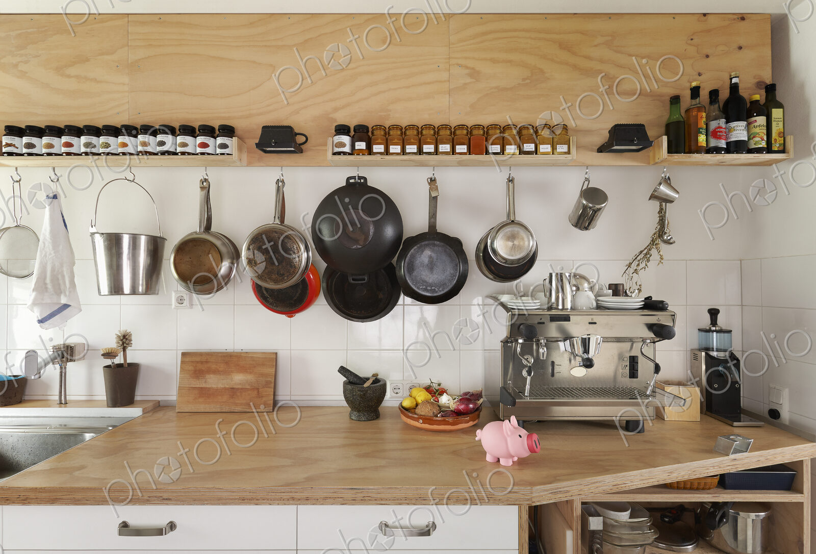 Counter space and cooking utensils in modern kitchen