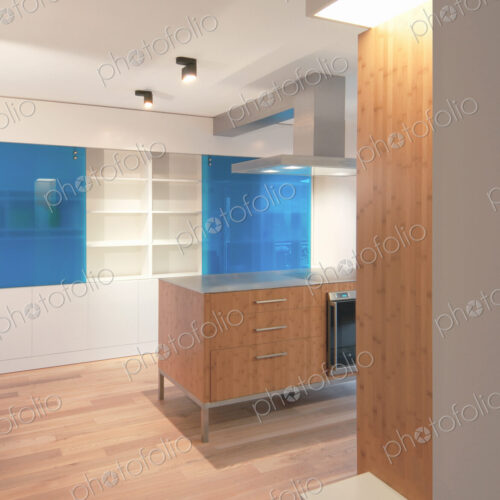 Counters, cabinets and shelves in modern kitchen