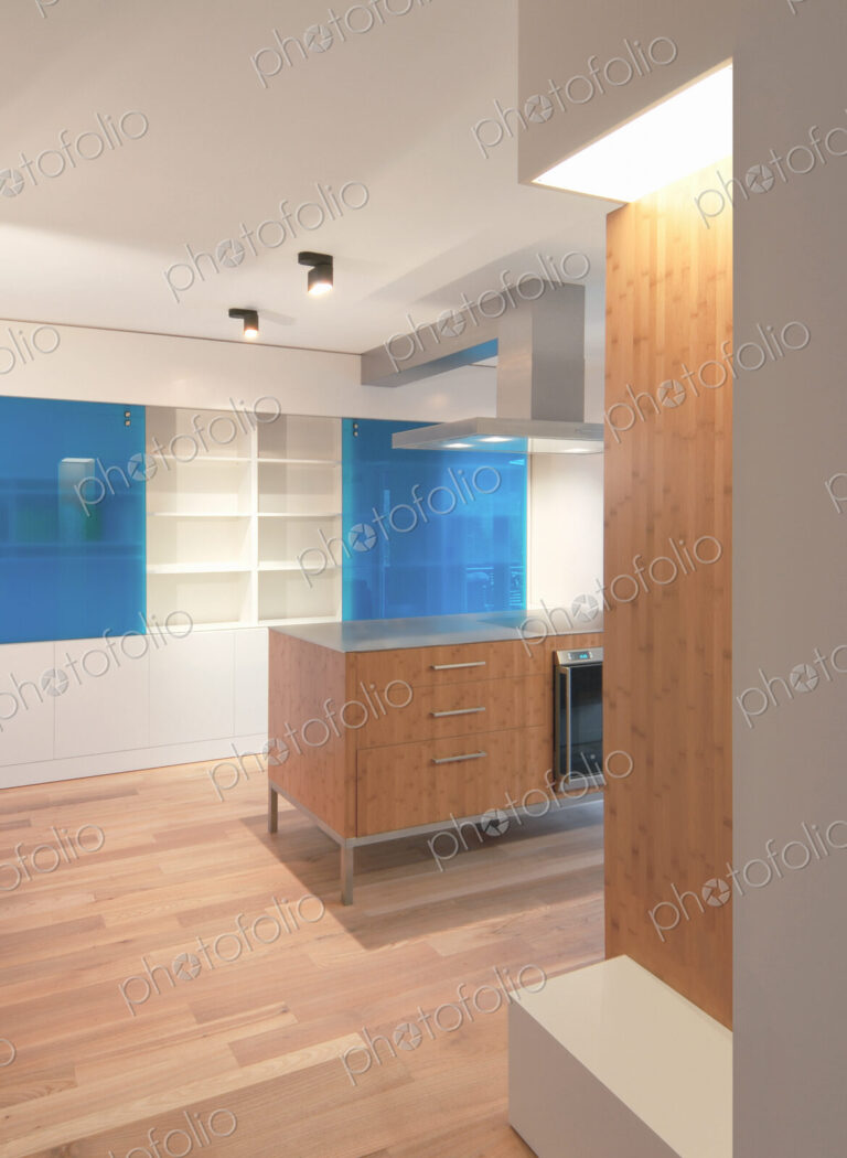 Counters, cabinets and shelves in modern kitchen