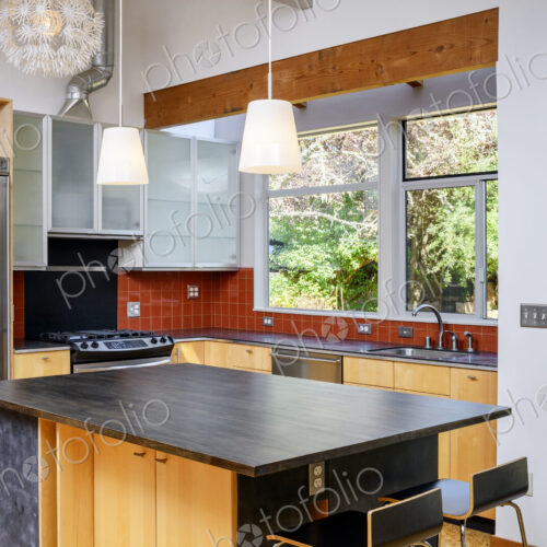 Countertop and lights in modern kitchen