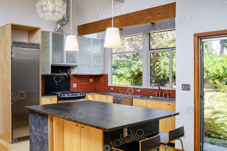 Countertop and lights in modern kitchen