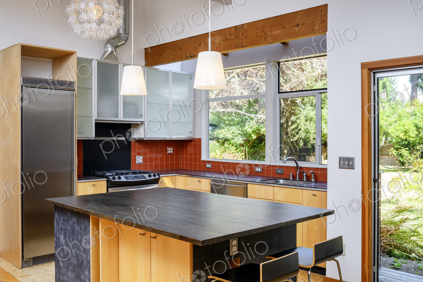 Countertop and lights in modern kitchen