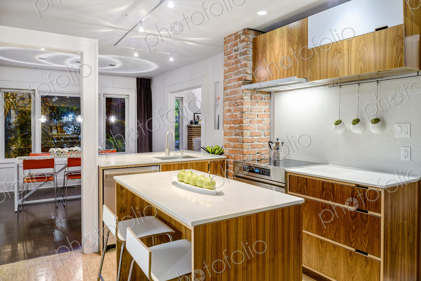 Countertops and breakfast bar in modern kitchen