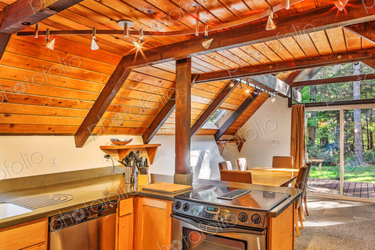 Countertops and dining area in rustic kitchen