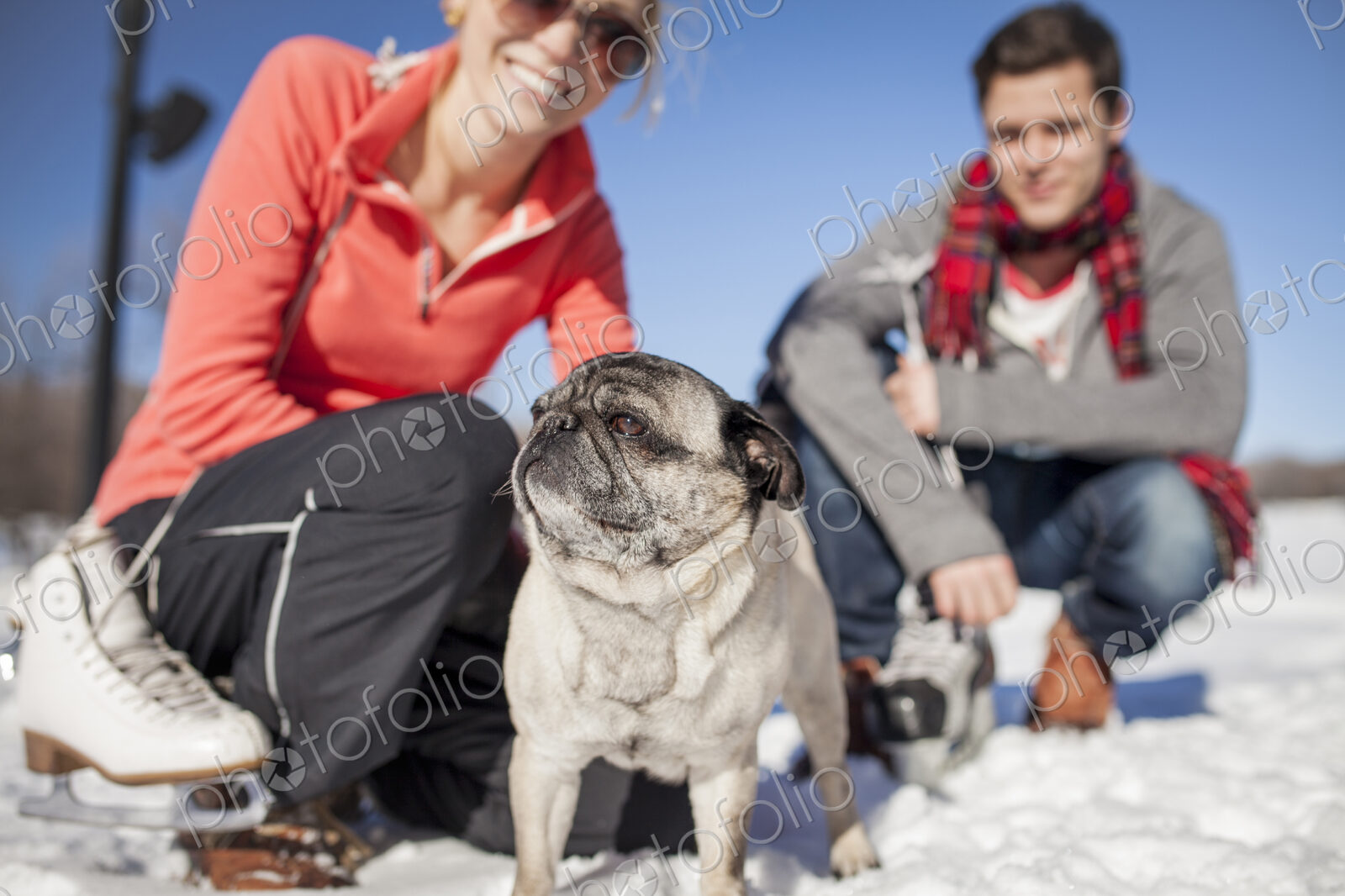 Couple kneeling in the snow with pet pug dog.