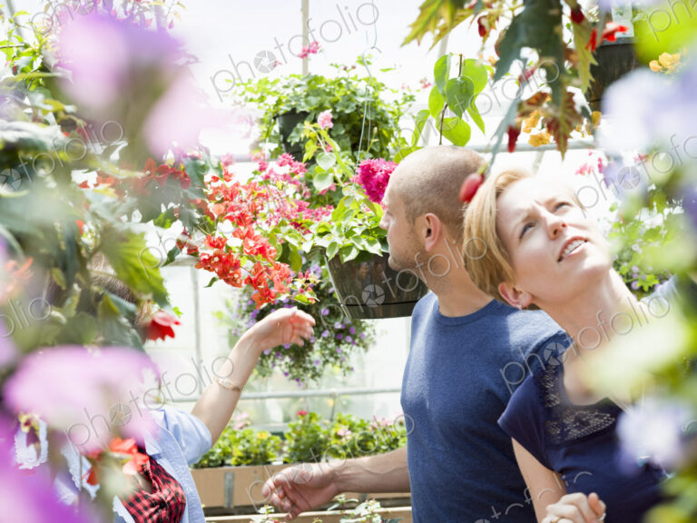 Couple looking at colourful flowers and hanging baskets in a garden centre.