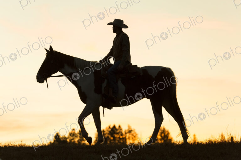 Cowboy riding on horseback in a Prairie landscape at sunset.