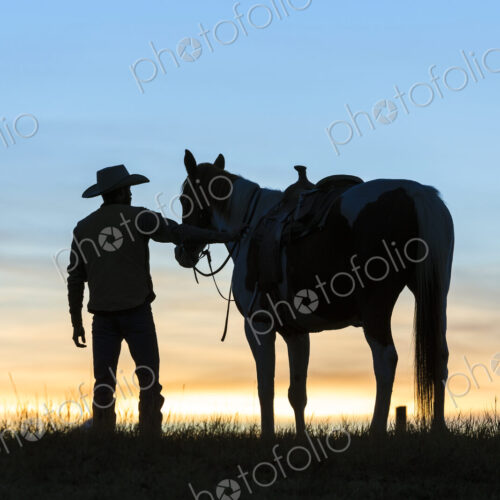 Cowboy standing next to his horse in a Prairie landscape at sunset. Cowboy standing next to his horse in a Prairie landscape at sunset.