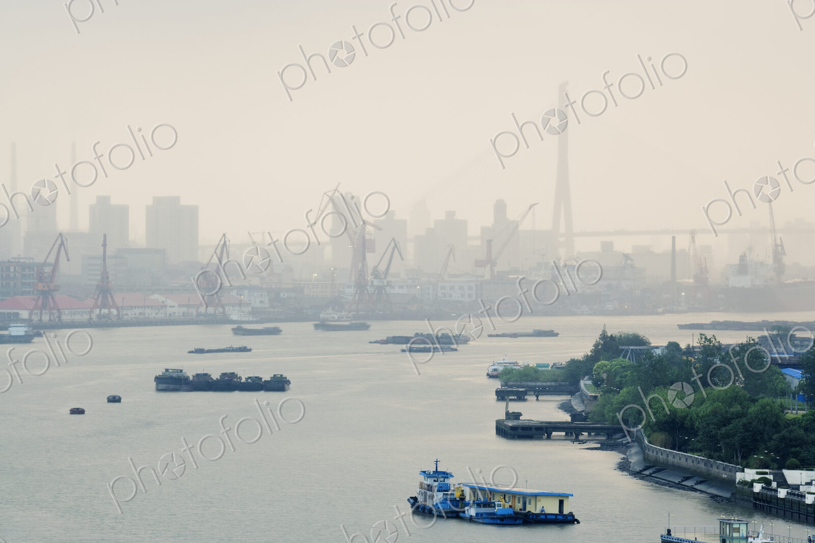 Cranes and River Traffic on Huangpu River