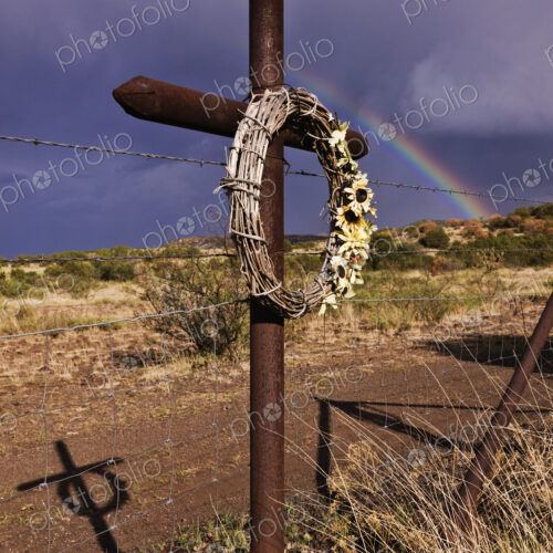 Cross and Wreath on a Fence Post Cross and Wreath on a Fence Post