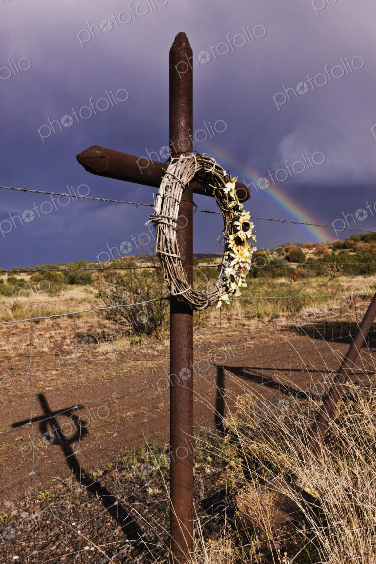 Cross and Wreath on a Fence Post
