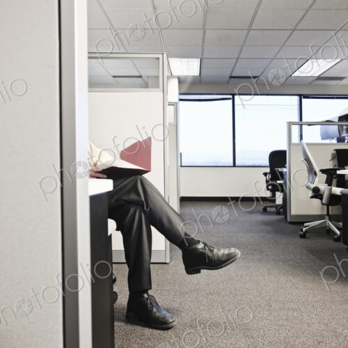 Cubicle office set up with business person going over paperwork. Cubicle office set up with business person going over paperwork.