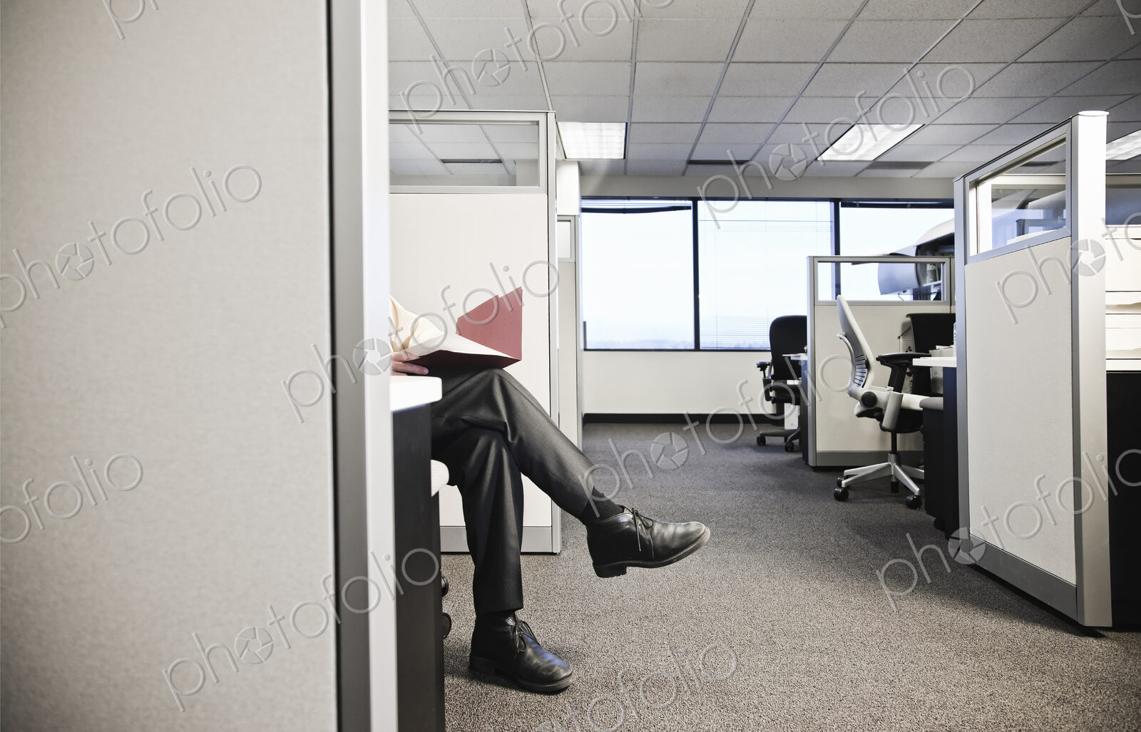 Cubicle office set up with business person going over paperwork.