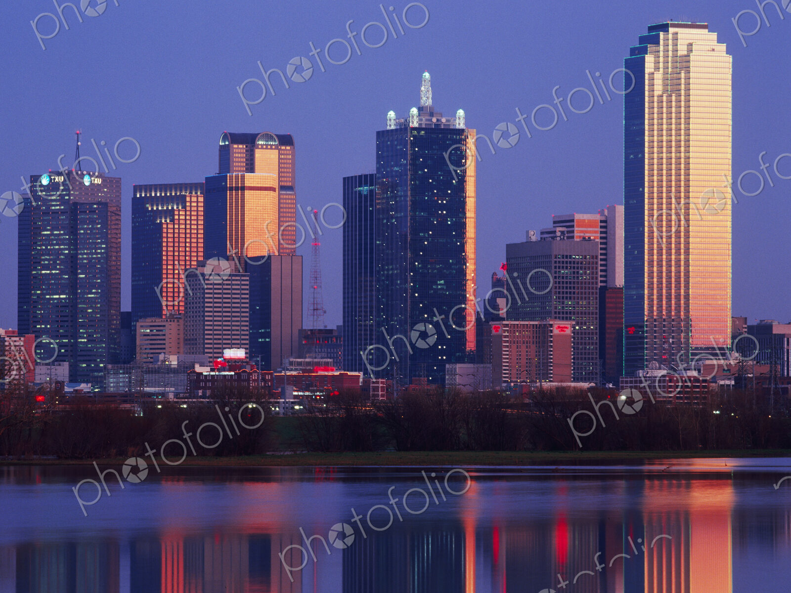 Dallas Skyline Reflected in Pond at Dusk