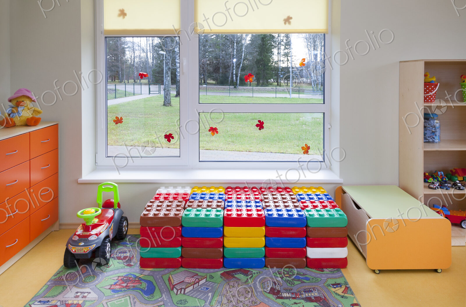 Day care nursery or pre-school kindergarten school, spacious interiors, play equipment