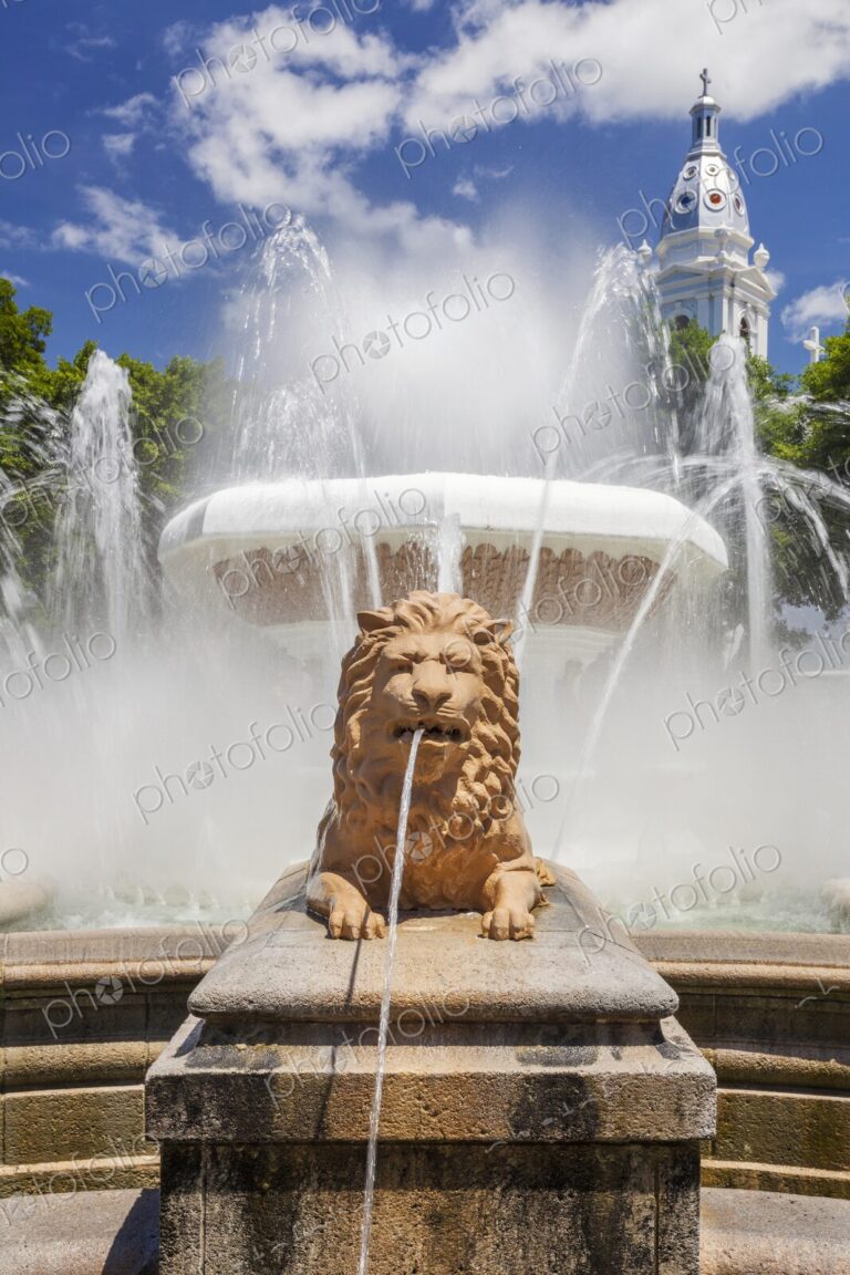 Daytime view of the Fountain of the Lions in Plaza Las Delicias, Ponce, Puerto Rico.…