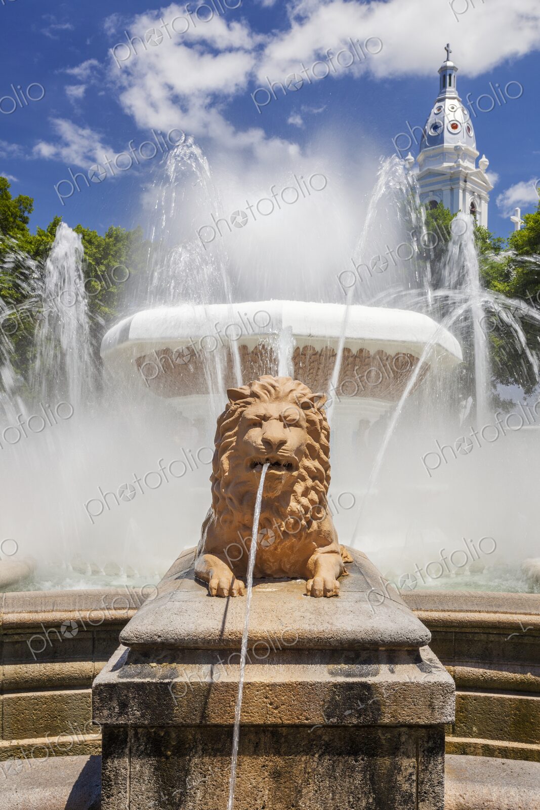 Daytime view of the Fountain of the Lions in Plaza Las Delicias, Ponce, Puerto Rico.…
